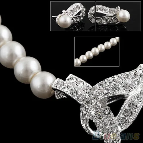 Faux Pearl Crystal Choker Women Necklace and Earrings Jewelry Set