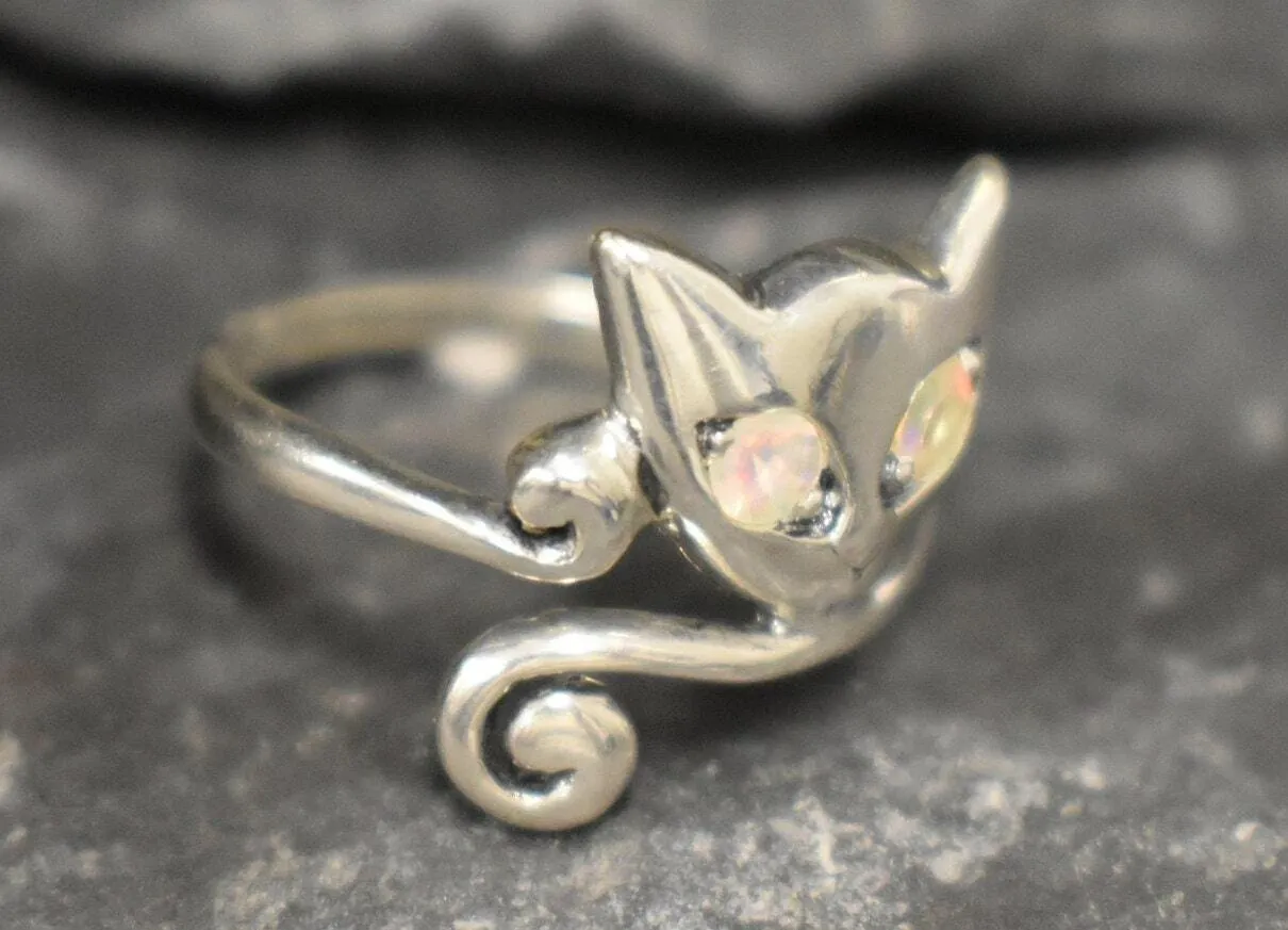 Fire Opal Ring - Cat Silver Ring - October Birthstone Ring