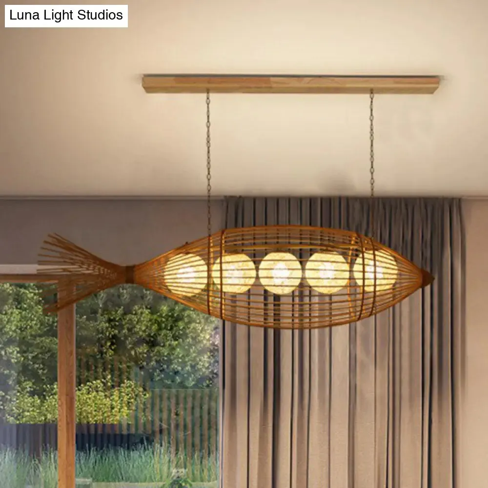 Fish Tea Room Chandelier: Handcrafted Bamboo Pendant Light in Minimalist Wood Design