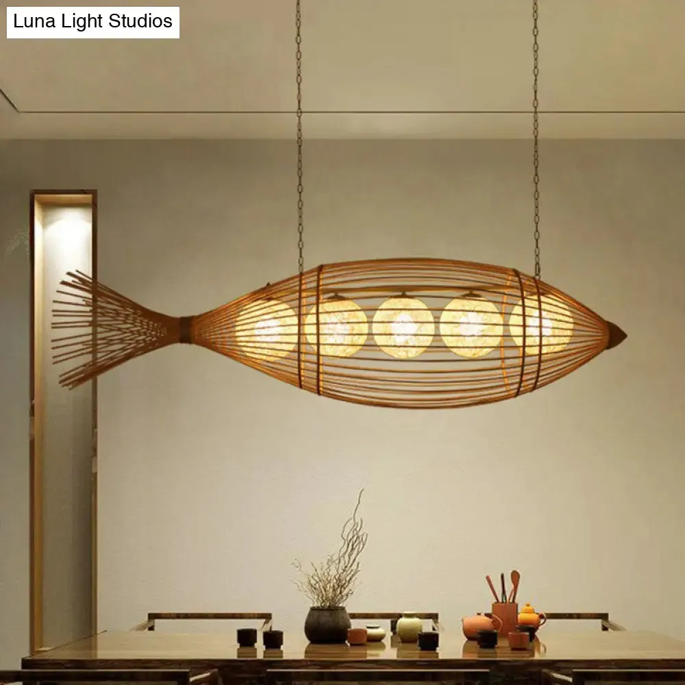 Fish Tea Room Chandelier: Handcrafted Bamboo Pendant Light in Minimalist Wood Design