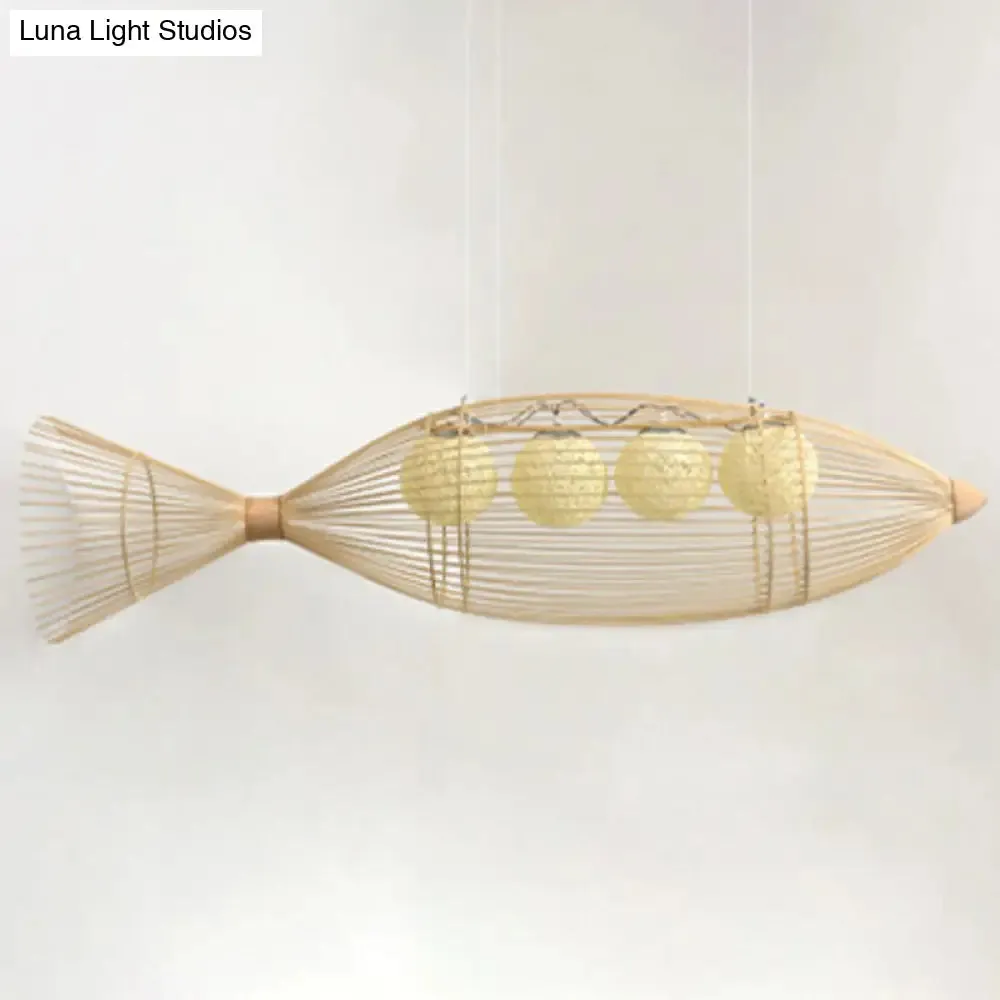 Fish Tea Room Chandelier: Handcrafted Bamboo Pendant Light in Minimalist Wood Design