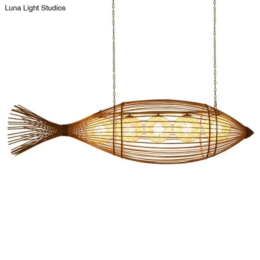 Fish Tea Room Chandelier: Handcrafted Bamboo Pendant Light in Minimalist Wood Design