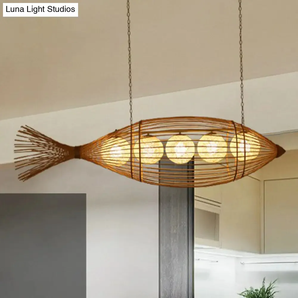 Fish Tea Room Chandelier: Handcrafted Bamboo Pendant Light in Minimalist Wood Design