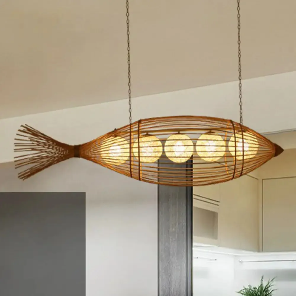 Fish Tea Room Chandelier: Handcrafted Bamboo Pendant Light in Minimalist Wood Design