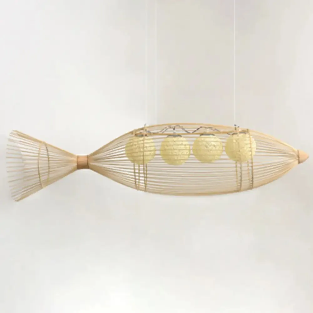 Fish Tea Room Chandelier: Handcrafted Bamboo Pendant Light in Minimalist Wood Design