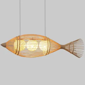 Fish Tea Room Chandelier: Handcrafted Bamboo Pendant Light in Minimalist Wood Design