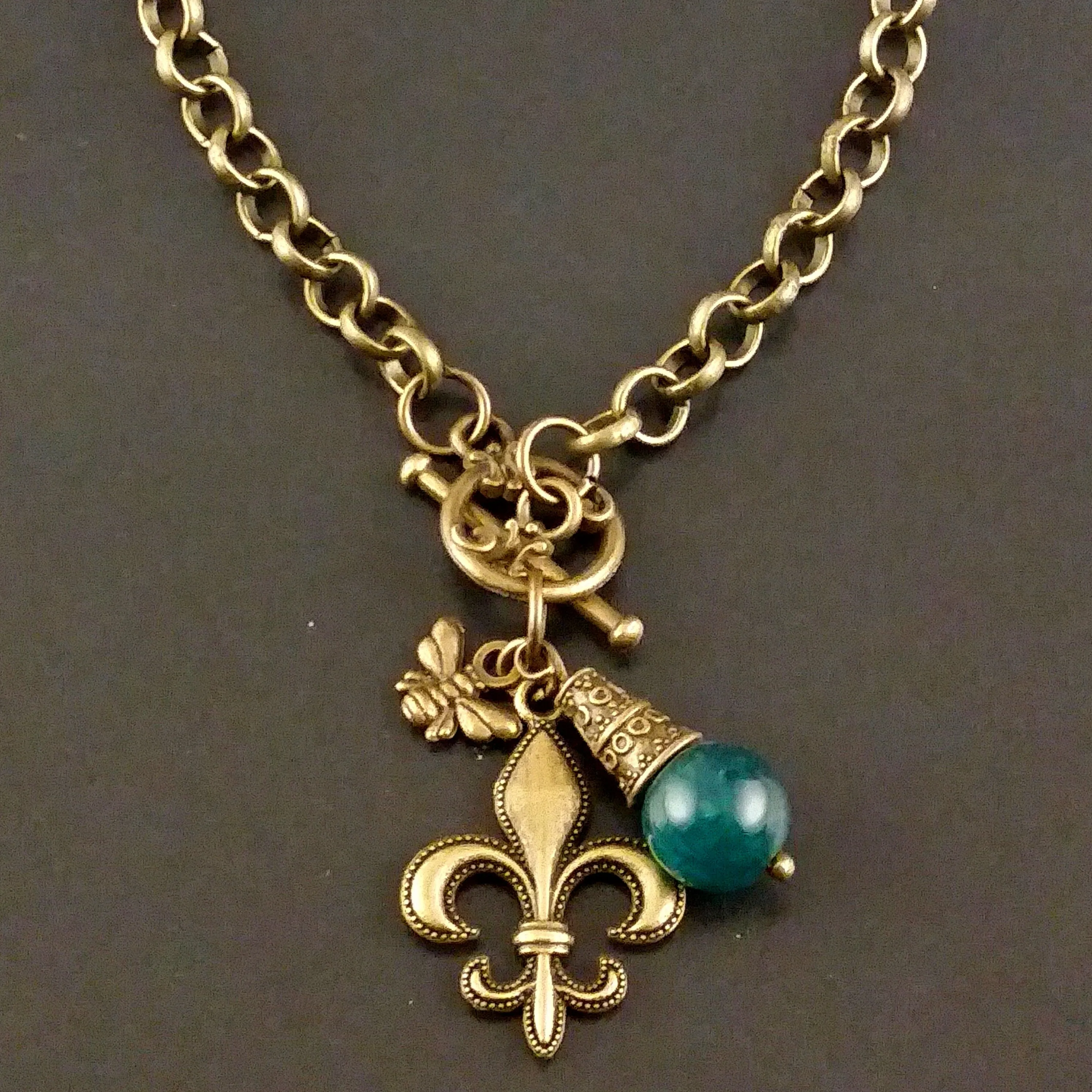 Fleur De Lys Necklace Bronze Bee Teal Agate