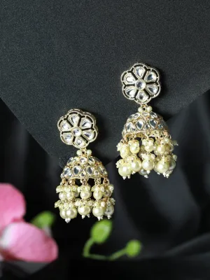 Floral Dome Shaped Pearl Beaded & Gold Plated Classic Jhumka Earrings