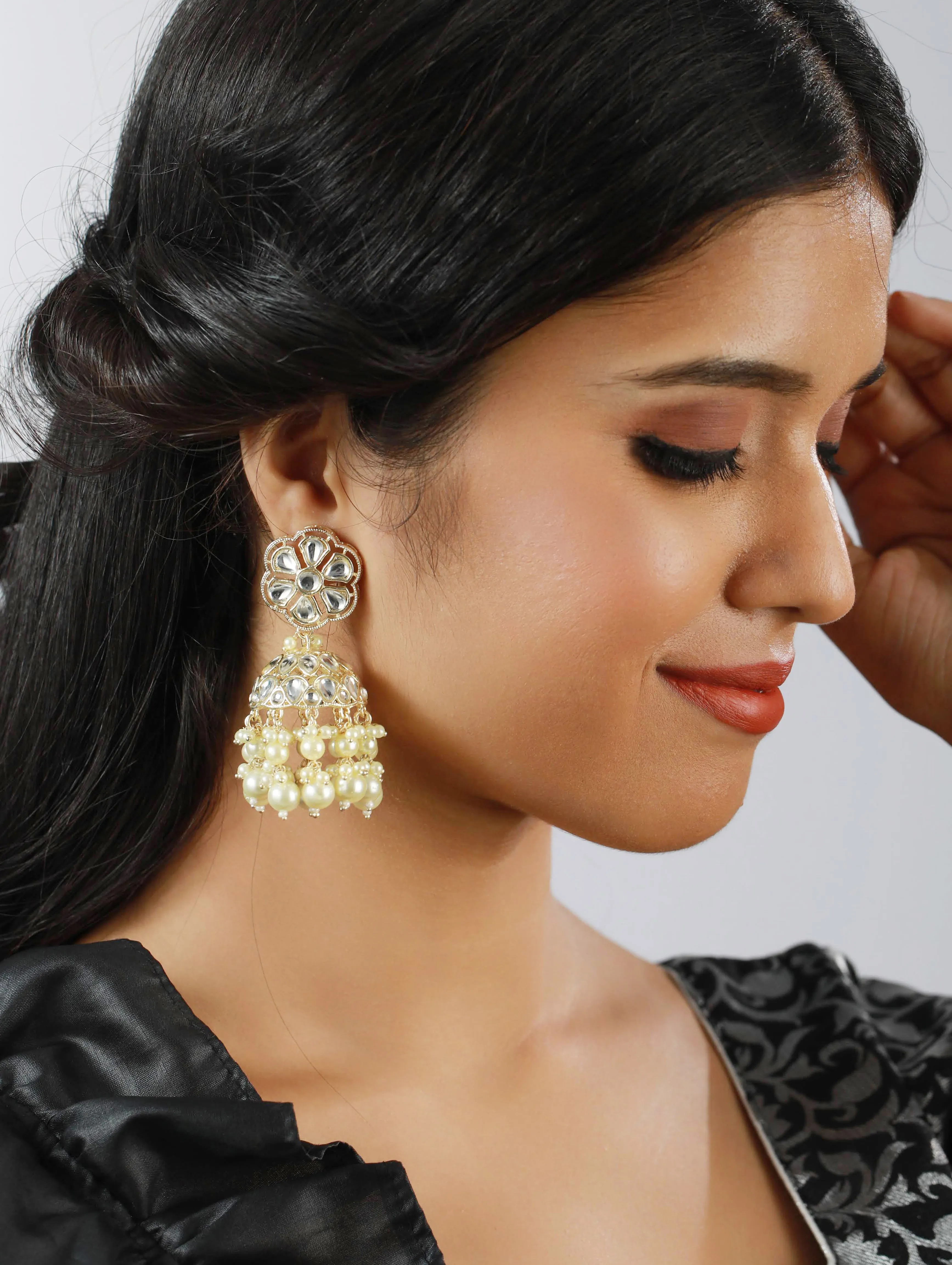 Floral Dome Shaped Pearl Beaded & Gold Plated Classic Jhumka Earrings