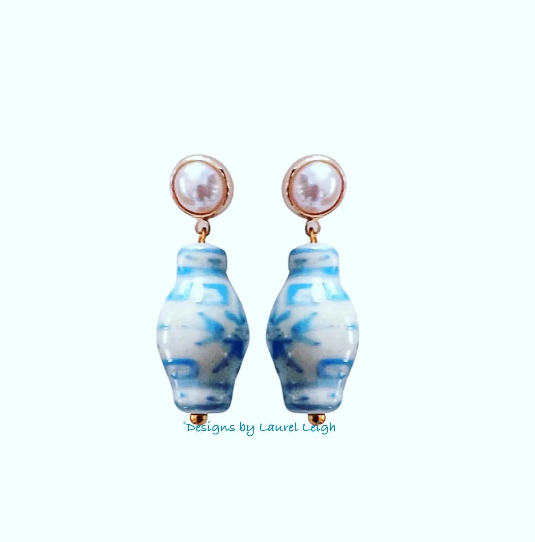 Ginger Jar Pearl Earrings - Pink / Wedgwood Blue