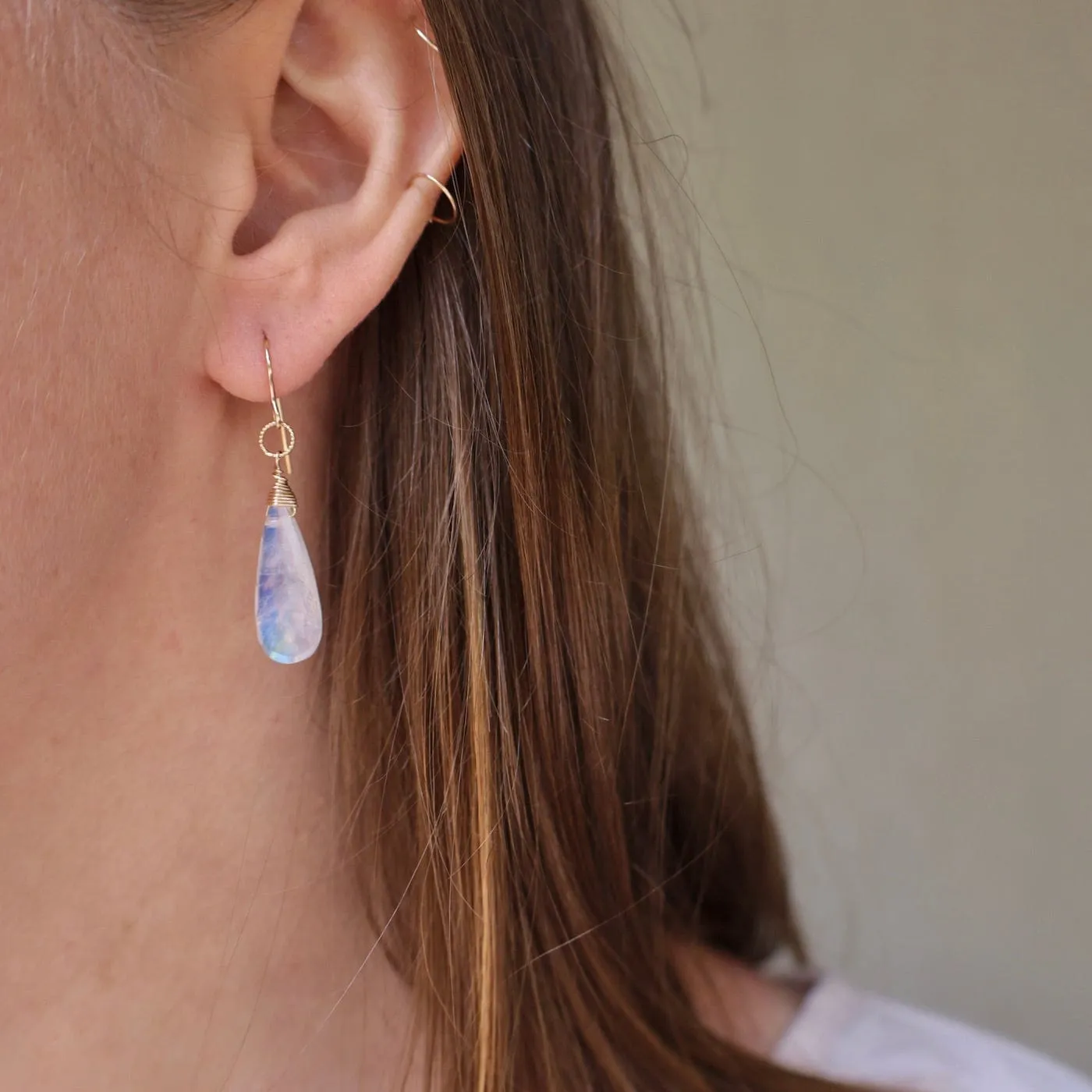 Gold Filled Long Rainbow Moonstone Teardrop Earring