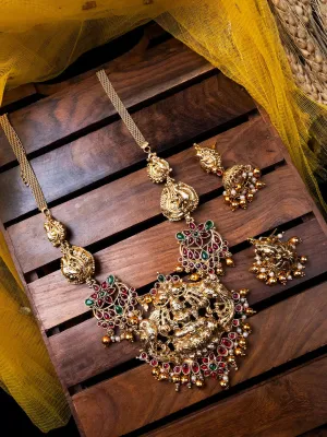 Gold Plated Green Beads Lakshmi Pendant Necklace Set