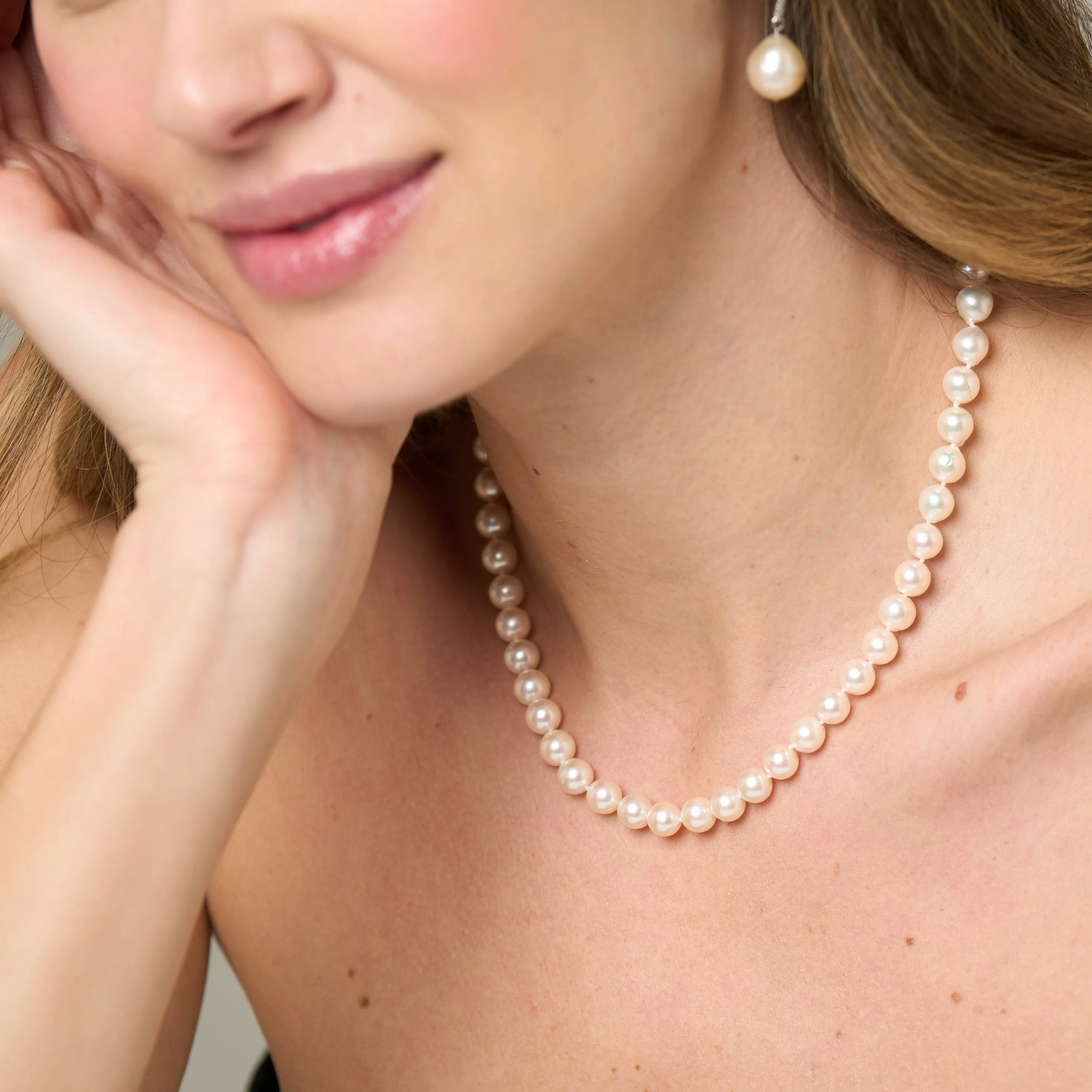 Gratia 7mm almost round cultured akoya pearl necklace on 14kt gold clasp