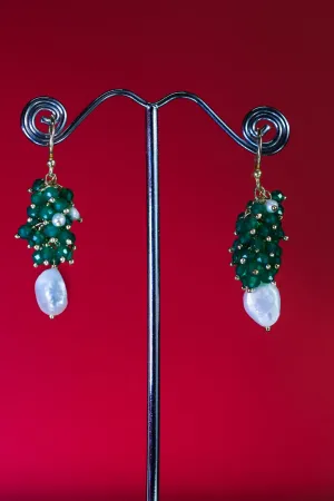 Green Onyx and Fresh Water Pearl Cluster Earrings