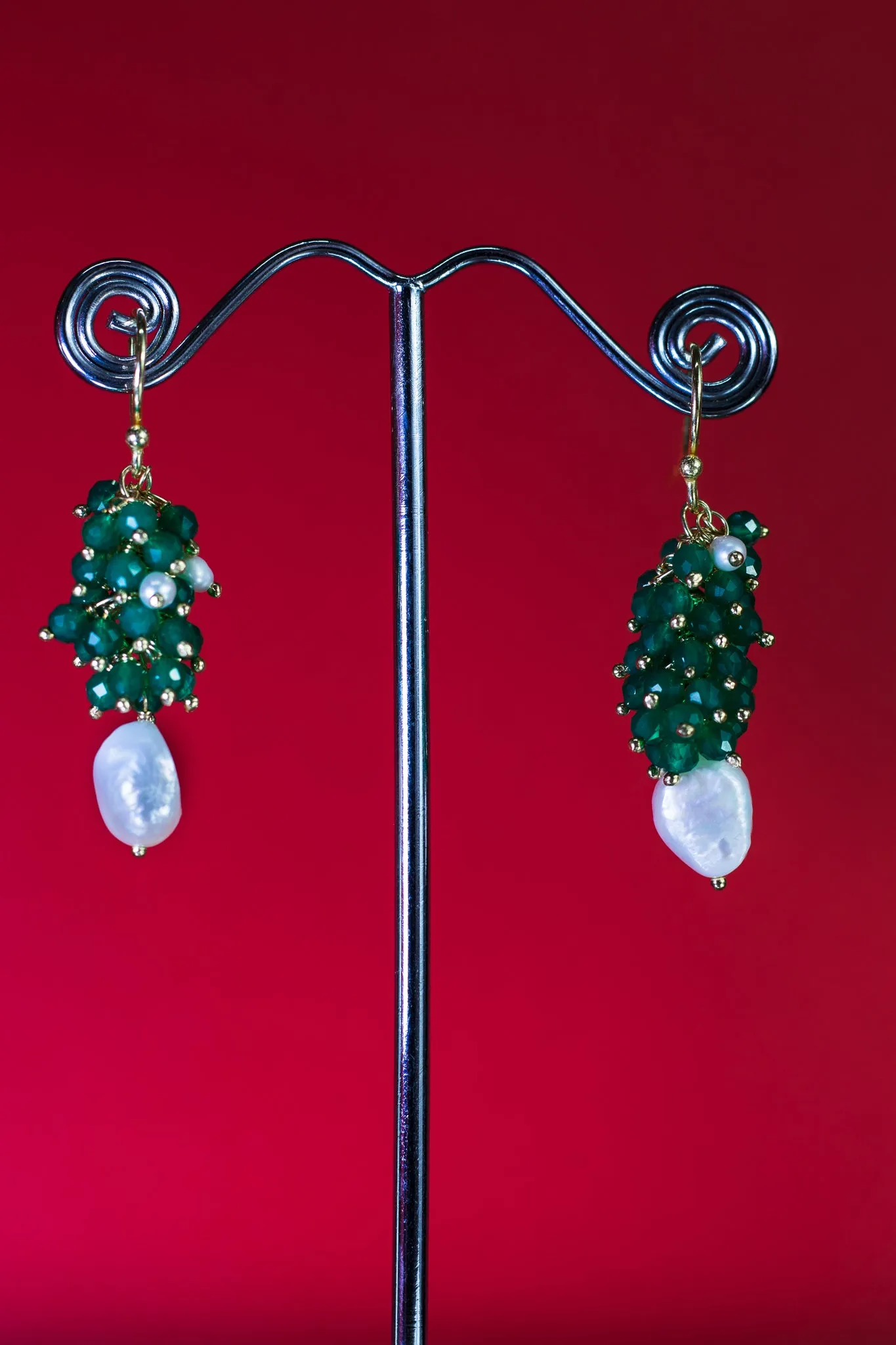 Green Onyx and Fresh Water Pearl Cluster Earrings