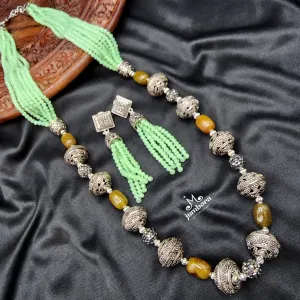 Handmade Mint Green Crystal & Agate Oxidized German Silver Mala Necklace Set