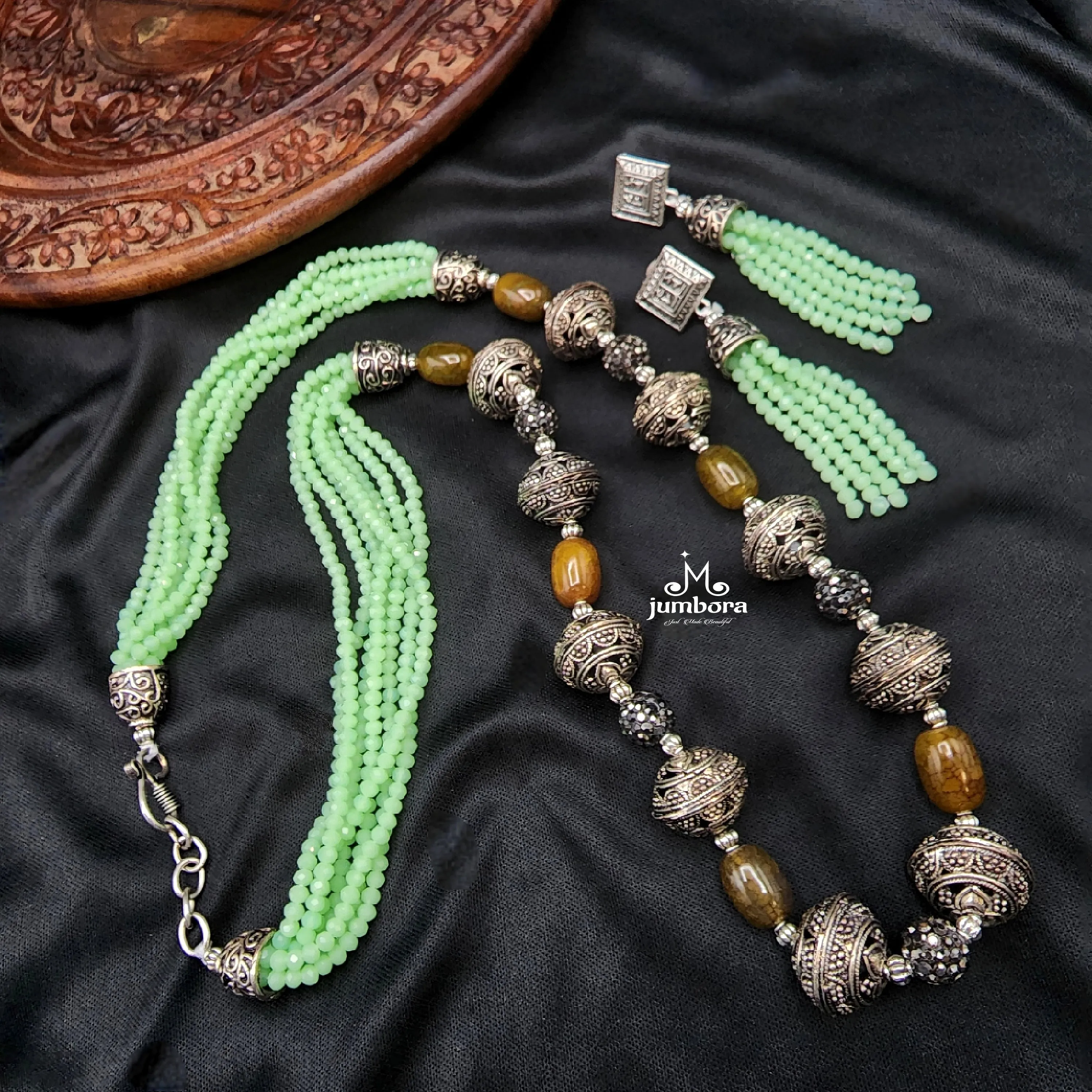 Handmade Mint Green Crystal & Agate Oxidized German Silver Mala Necklace Set