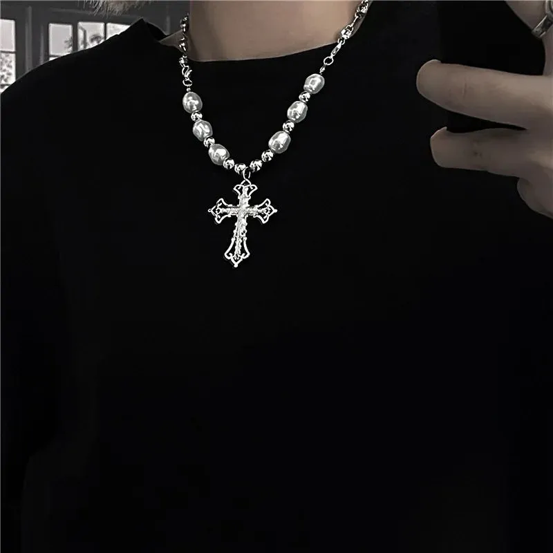 Hip-hop Black Rhinestones Pendant Pearl Necklace Men Steel Necklace Mens Jewellery Man Necklac Free Shipping