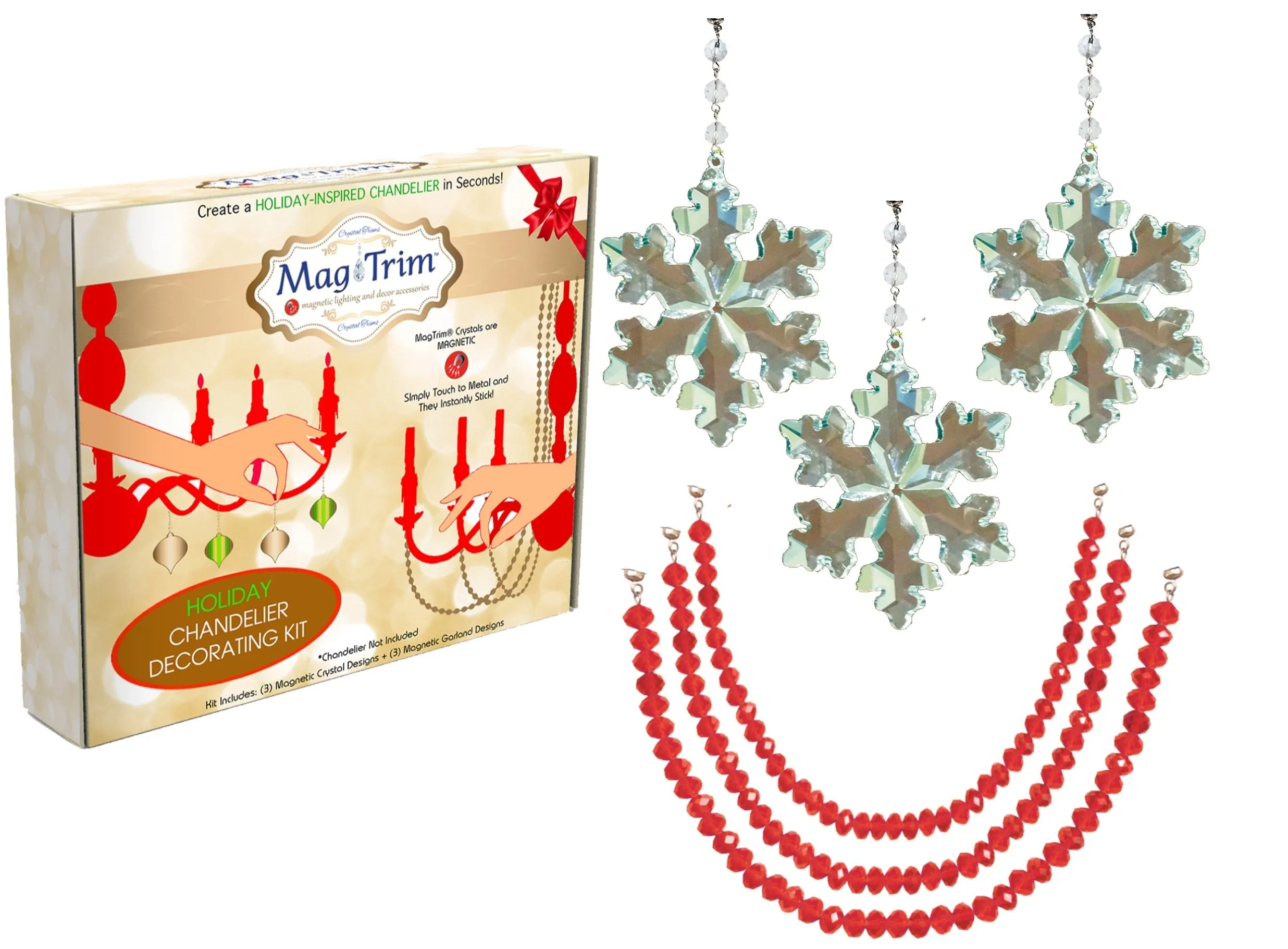 HOLIDAY CHANDELIER MAKEOVER KIT - (3) Crystal Snowflake   (3) 12" Red Crystal Garland