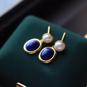 Lapis Lazuli Button Pearl Drop Earrings