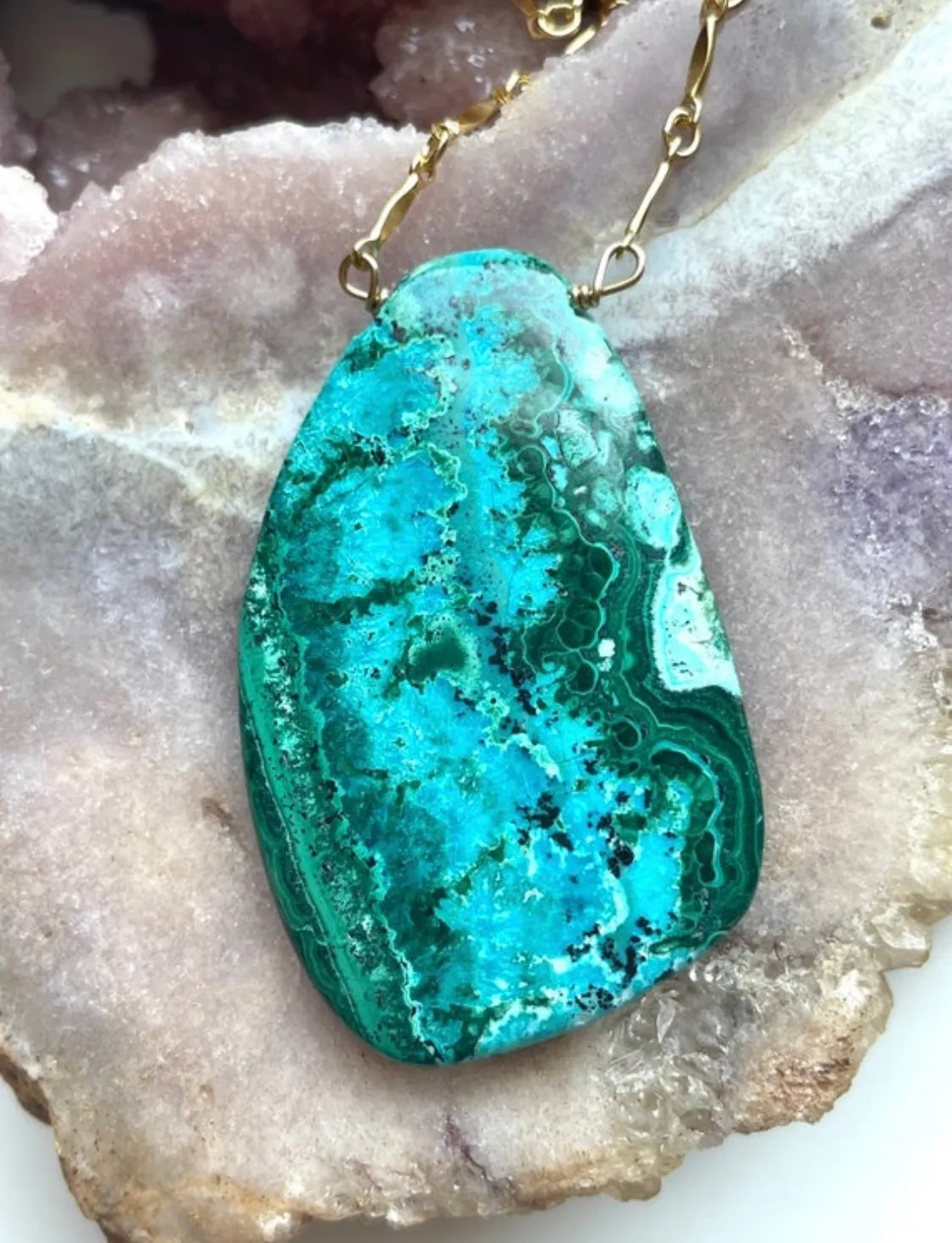 Large Chrysocolla Malachite Statement Necklace on Gold