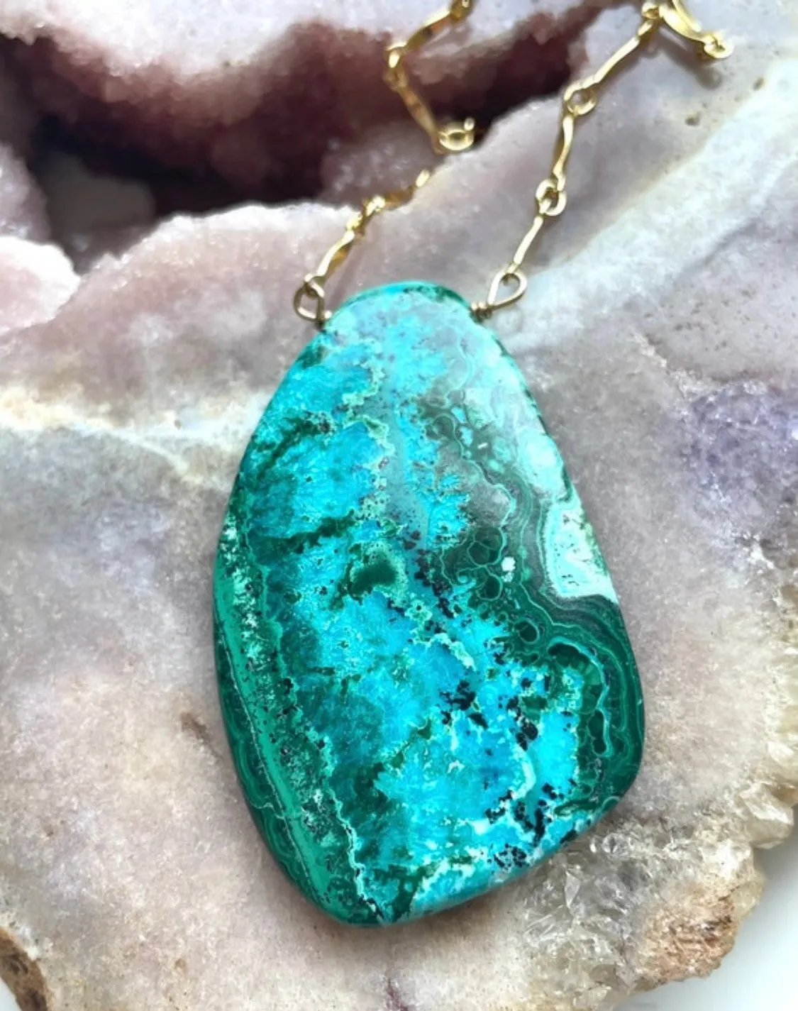 Large Chrysocolla Malachite Statement Necklace on Gold