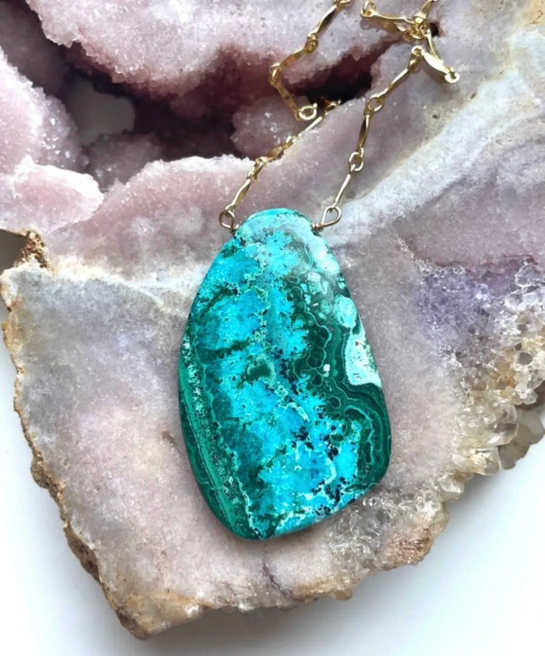 Large Chrysocolla Malachite Statement Necklace on Gold