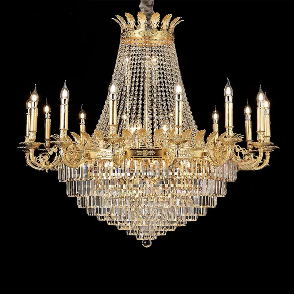 Luxury Empire Multi-tiered Candle Light Crystal Chandelier in Gold Finish for Foyer/Living Room/Staircase/Villa