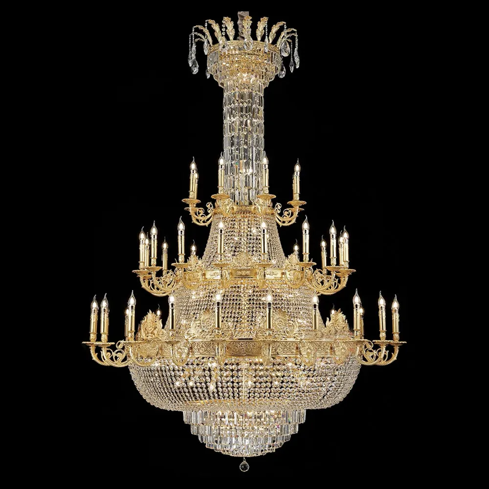 Luxury Empire Multi-tiered Candle Light Crystal Chandelier in Gold Finish for Foyer/Living Room/Staircase/Villa