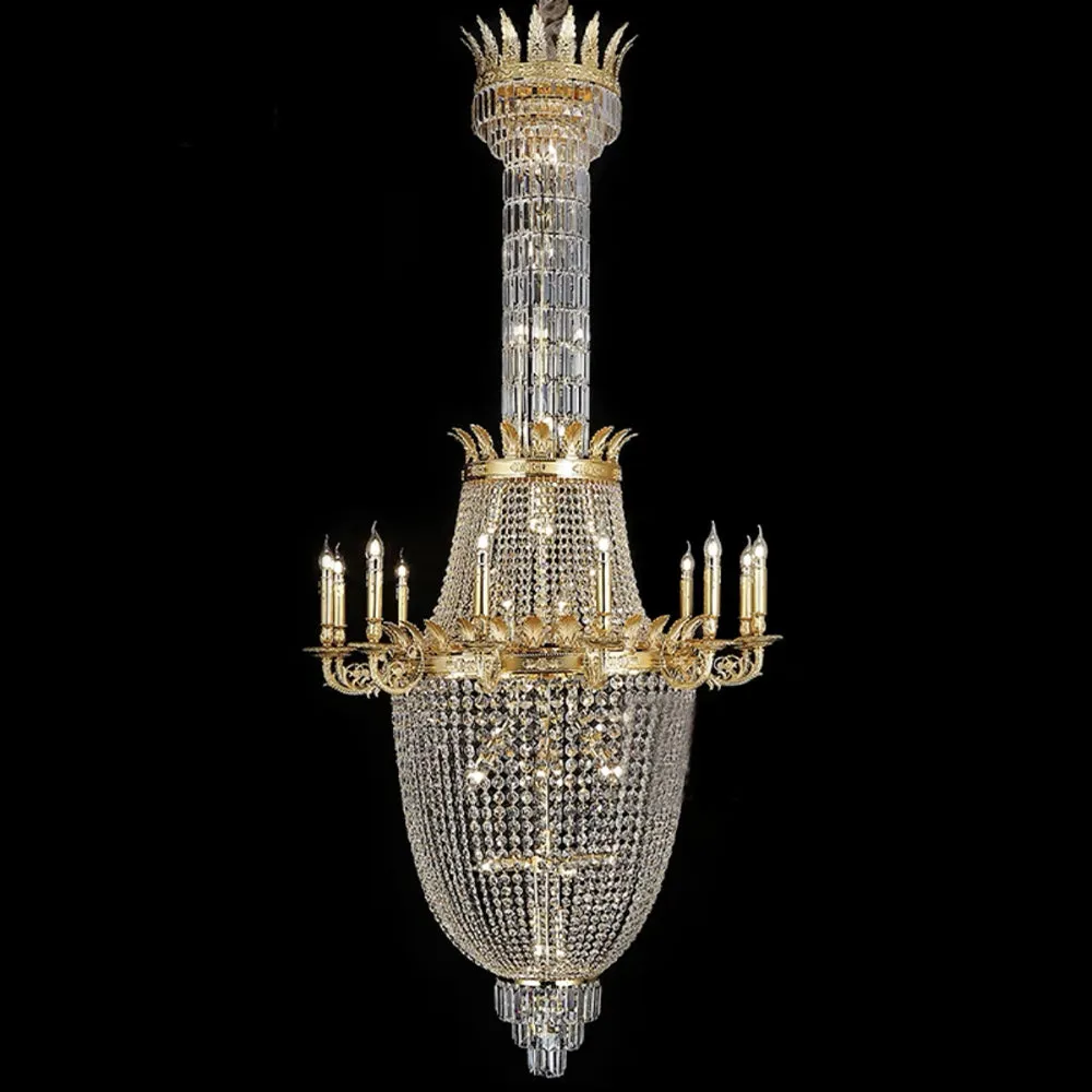 Luxury Empire Multi-tiered Candle Light Crystal Chandelier in Gold Finish for Foyer/Living Room/Staircase/Villa