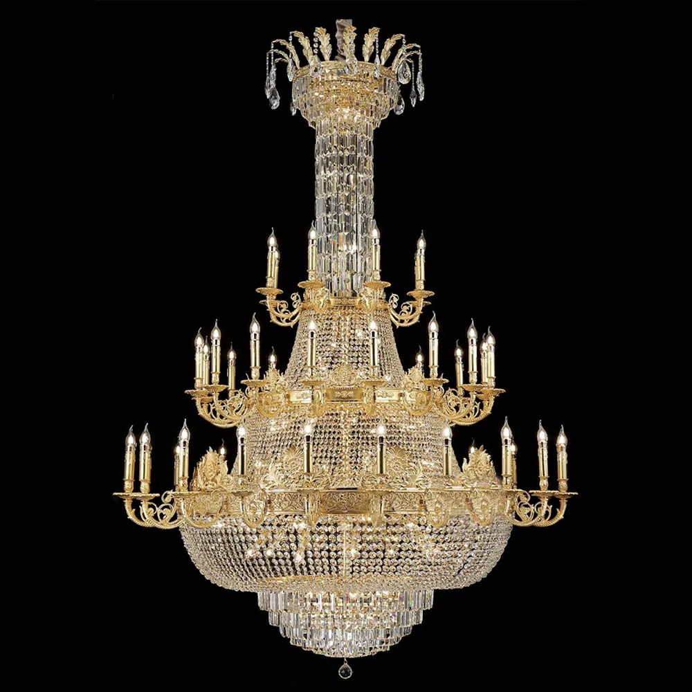 Luxury Empire Multi-tiered Candle Light Crystal Chandelier in Gold Finish for Foyer/Living Room/Staircase/Villa