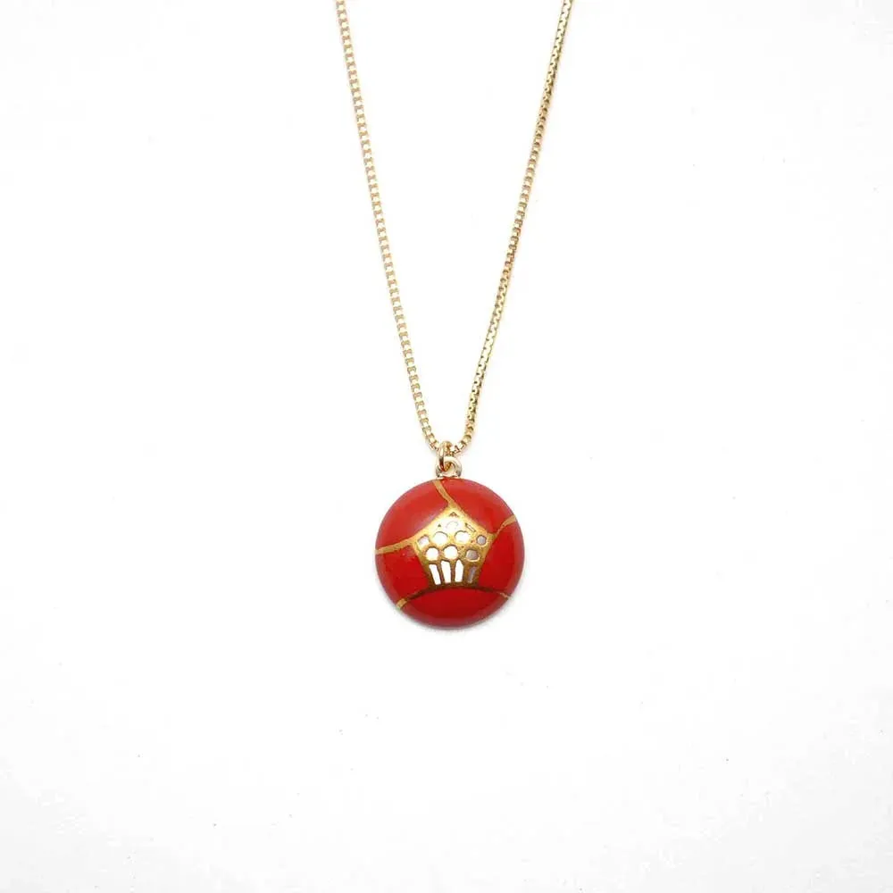 Maki-e Urushi Lacquer Pendant Necklace - White South Sea Pearl Shell / Camellia / Red -, Traditional Japanese Urushi Lacquer Jewelry