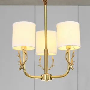 Minimalist Brass Deer Chandelier with Fabric Shade - Elegant Metal Hanging Lamp