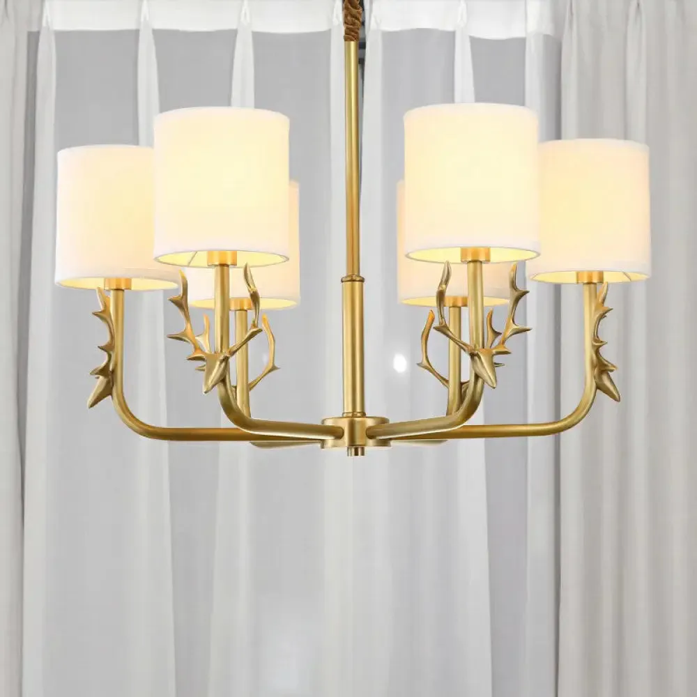 Minimalist Brass Deer Chandelier with Fabric Shade - Elegant Metal Hanging Lamp