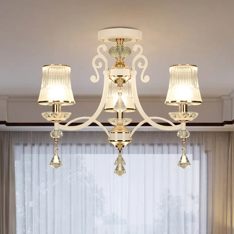 Minimalist Swirling Kitchen Pendant Chandelier with Crystal Raindrop Accent - 3 Lights, Black/White Shade