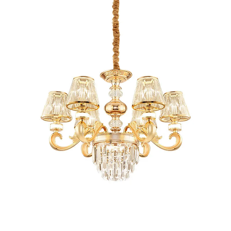 Modern 3-Tier Crystal Chandelier with Conic Shade - Gold finish - 6/8 Heads - Living Room Hanging Lamp Kit