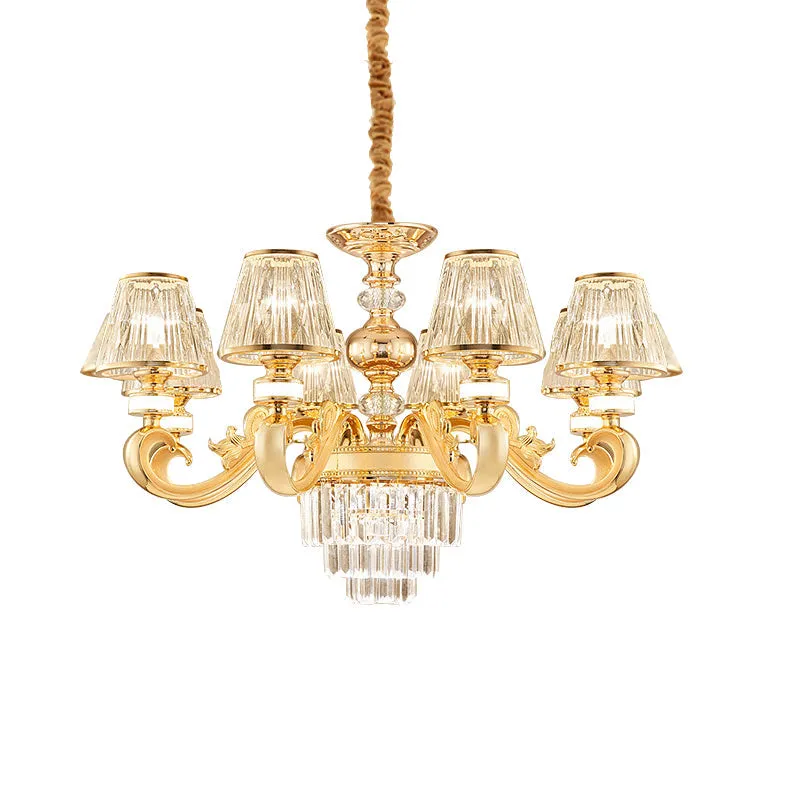 Modern 3-Tier Crystal Chandelier with Conic Shade - Gold finish - 6/8 Heads - Living Room Hanging Lamp Kit