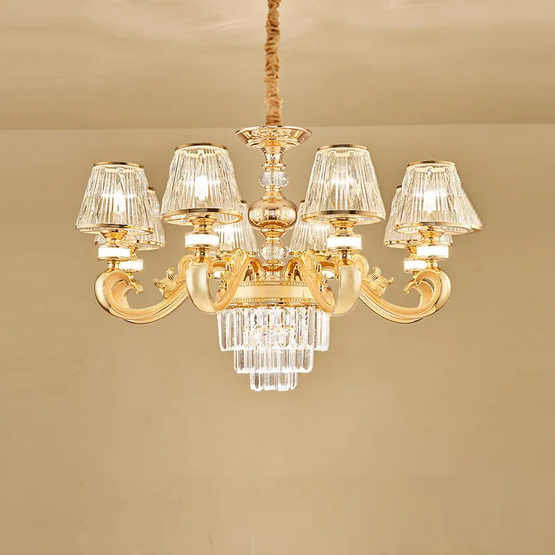 Modern 3-Tier Crystal Chandelier with Conic Shade - Gold finish - 6/8 Heads - Living Room Hanging Lamp Kit