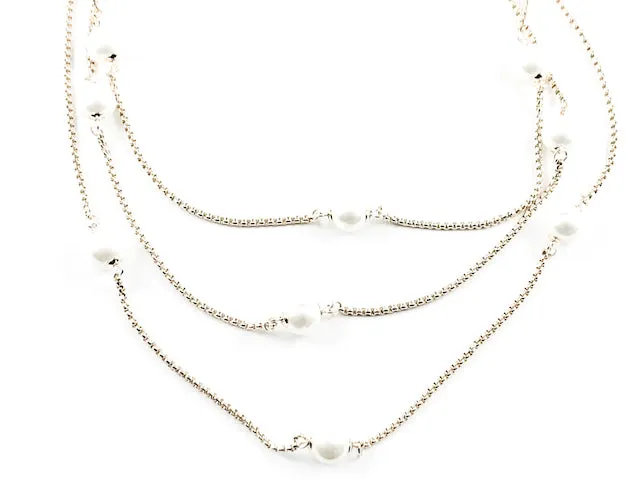 Modern Multi Strand Pearl Charm Post Design Cable Wire Chain Gold Tone Brass Necklace