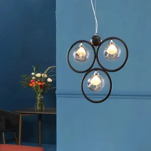 Modern Smoke Grey Glass Dimpled Ball Pendant Chandelier - 3 Bulbs, Black Hoop Arm