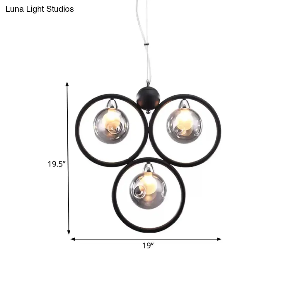 Modern Smoke Grey Glass Dimpled Ball Pendant Chandelier - 3 Bulbs, Black Hoop Arm