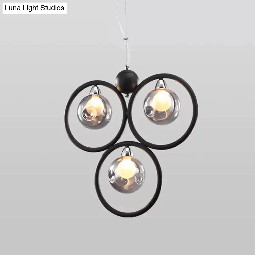 Modern Smoke Grey Glass Dimpled Ball Pendant Chandelier - 3 Bulbs, Black Hoop Arm