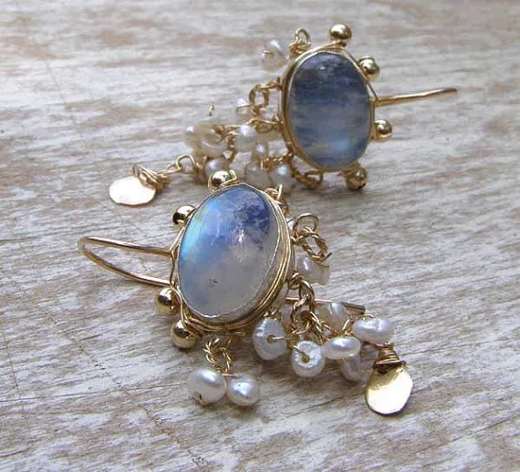 Moonstone Pearl Waterfall Earrings in Gold Filled