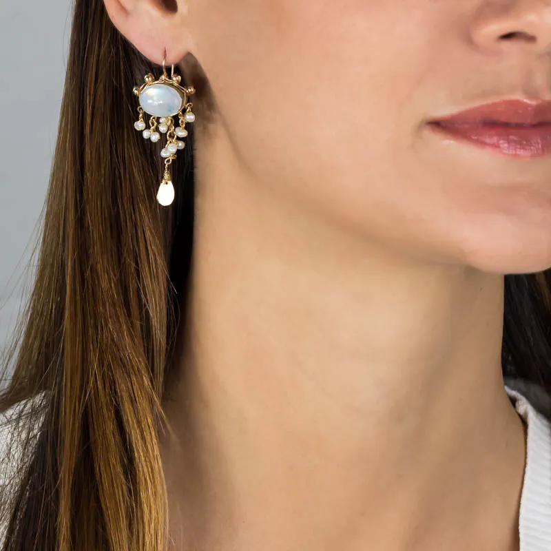 Moonstone Pearl Waterfall Earrings in Gold Filled