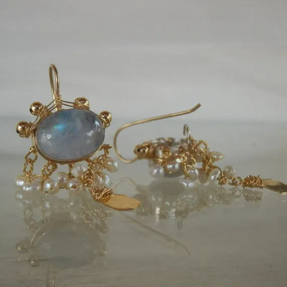 Moonstone Pearl Waterfall Earrings in Gold Filled