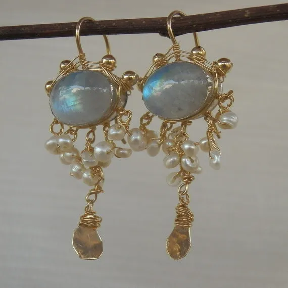 Moonstone Pearl Waterfall Earrings in Gold Filled