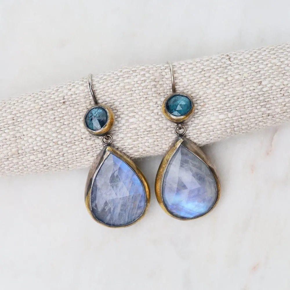 Moonstone Teardrop Crescent Rim Earrings