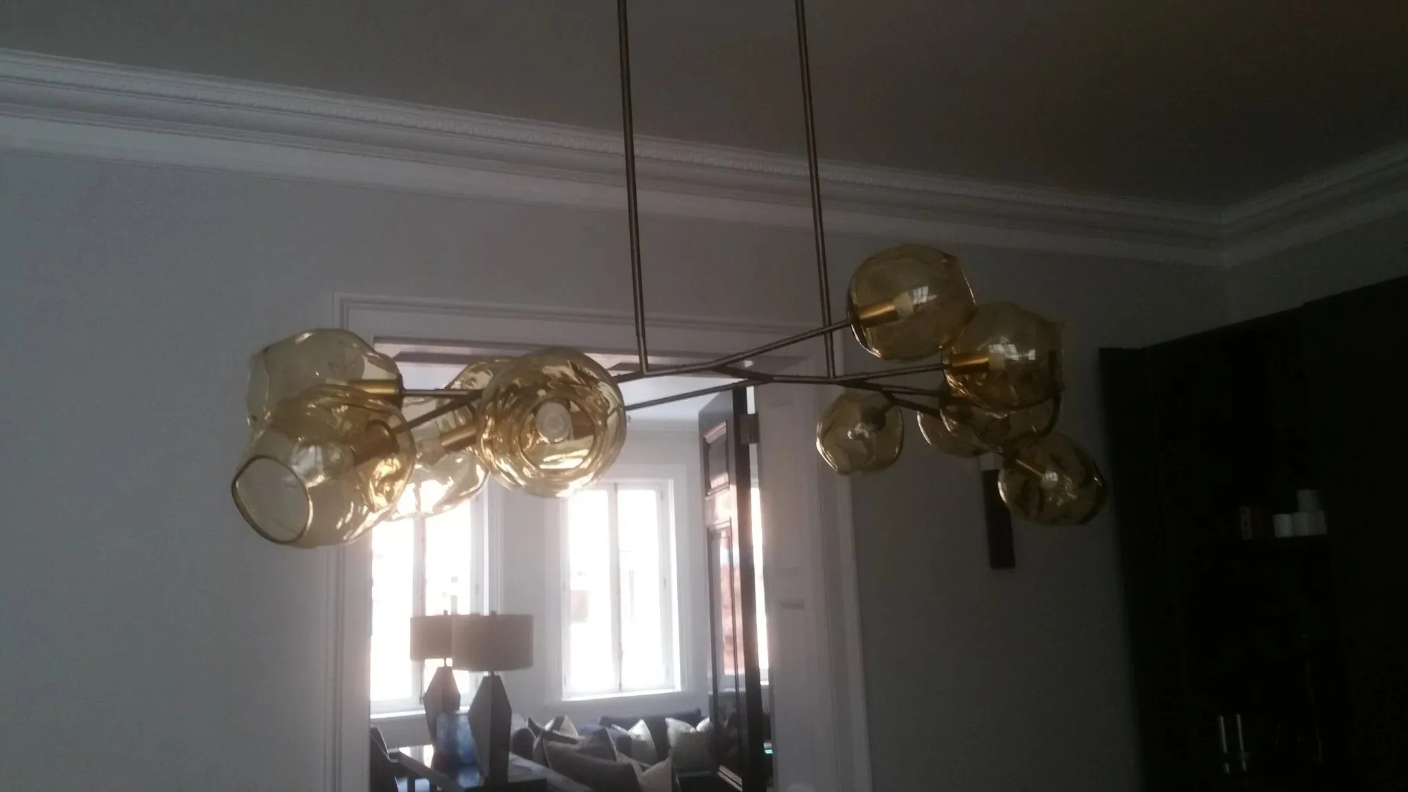 Murano Glass Bubble Dining Table 12 Light Chandelier In Fume With Extra Long Bronze Frame