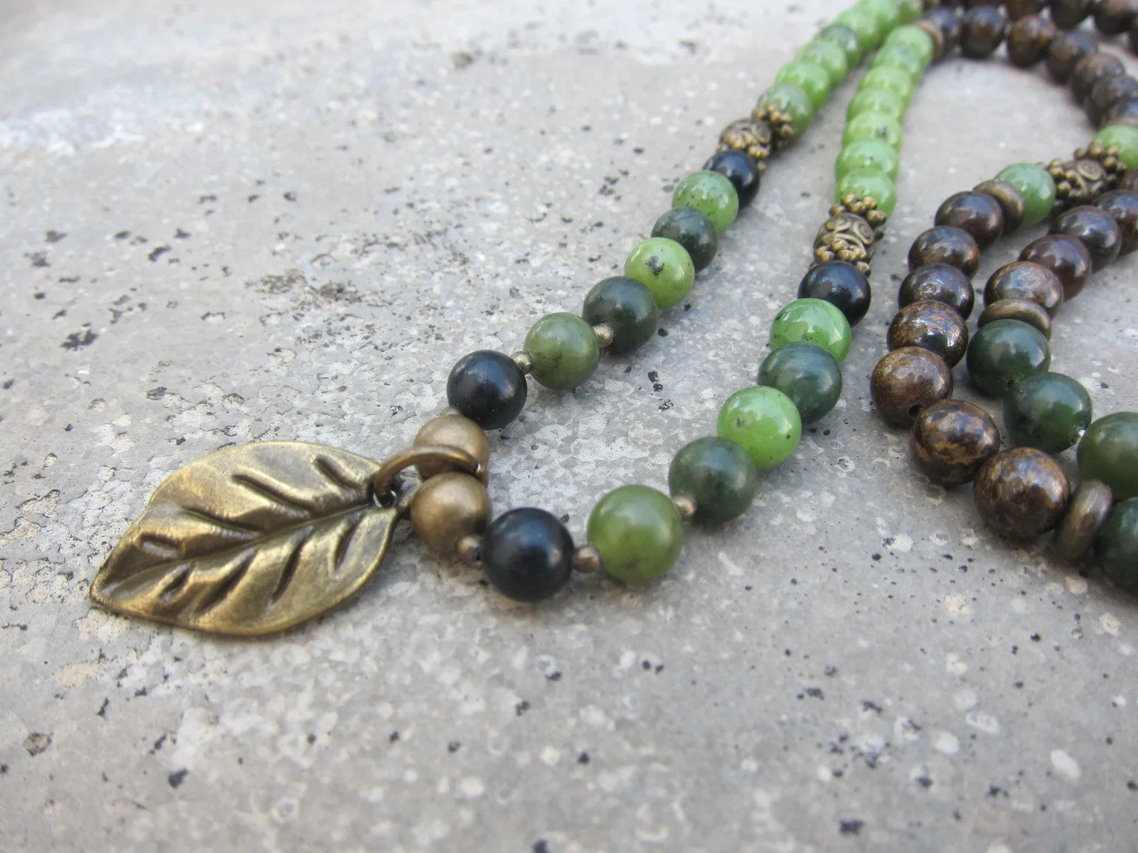 Olive Canadian Jade, Shungite, Bronzite Necklace in 108 Bead Mala Necklace