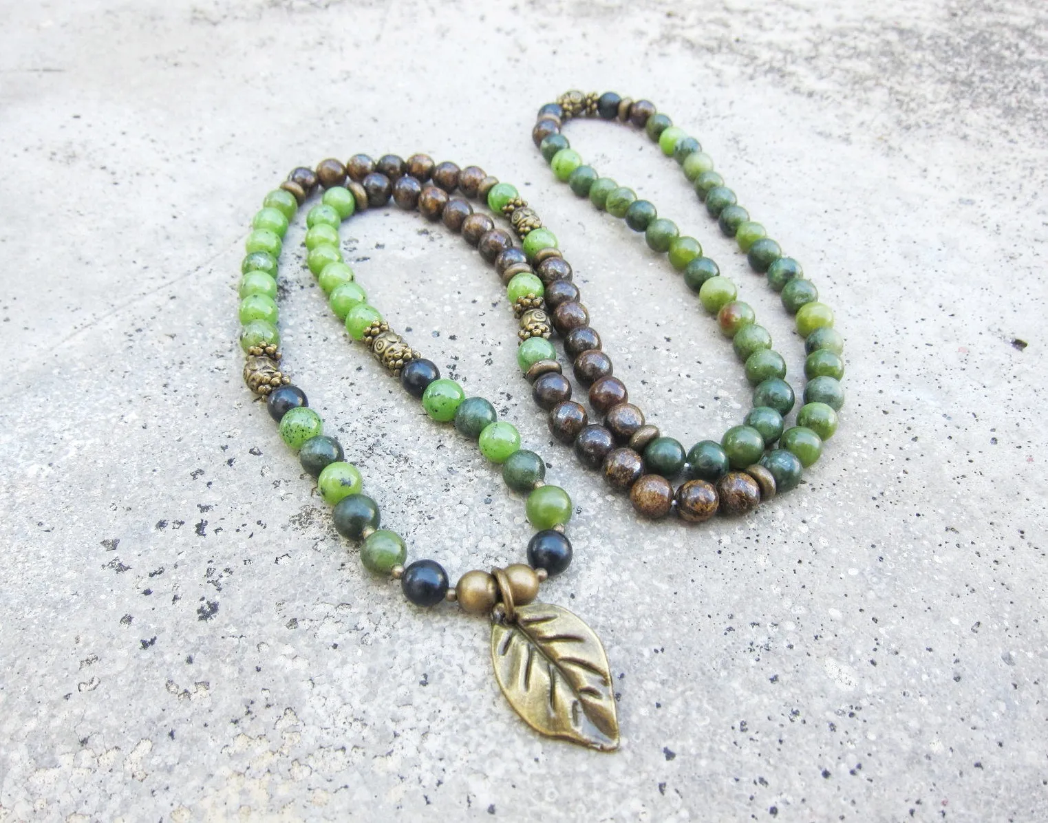 Olive Canadian Jade, Shungite, Bronzite Necklace in 108 Bead Mala Necklace